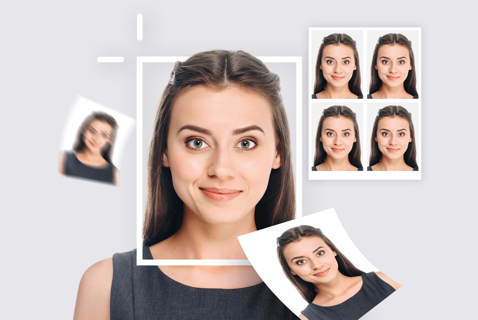 Zdjęcia do dokumentów w różnych formatach na szarym tle. Zdjęcia do dokumentów w różnych formatach na szarym tle.