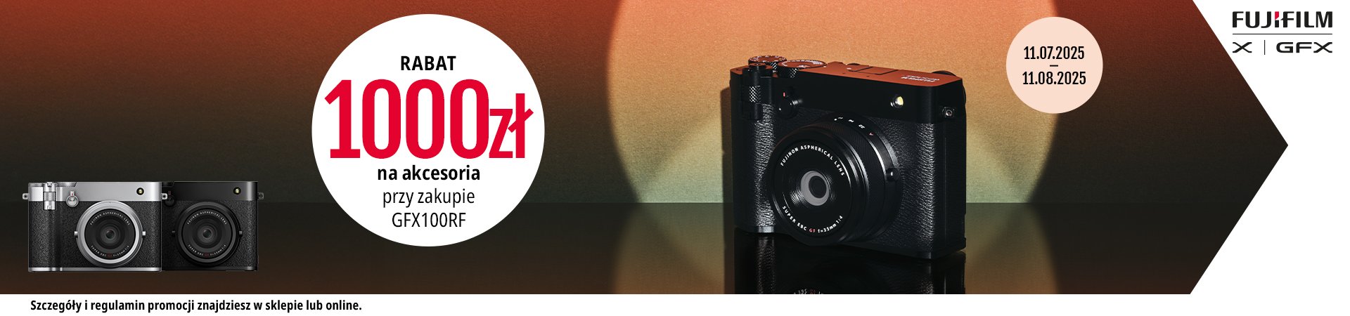 Banner Fujifilm GFX100RF, widoczny aparat, opis promocji: rabat 100zł na akcesoria przy zakupie aparatu